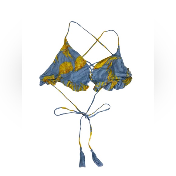 Molly Green Blue Yellow Tropical Floral Ruffle Triangle Top 100% Rayon Women's M - Picture 4 of 12